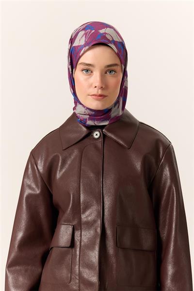 İnce Pamuk Soft Eşarp Mor-Saks Desenli Kaymaz Dokulu Tok Duruşlu 90x90