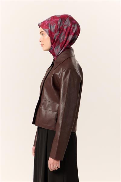 İnce Pamuk Soft Eşarp Çilek Kırmızısı-Gri Desenli Kaymaz Dokulu Tok Duruşlu 90x90