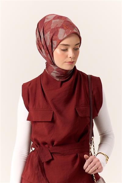 İnce Pamuk Soft Eşarp Taba-Bordo Desenli Kaymaz Dokulu Tok Duruşlu 90x90