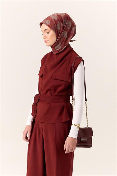 İnce Pamuk Soft Eşarp Taba-Bordo Desenli Kaymaz Dokulu Tok Duruşlu 90x90