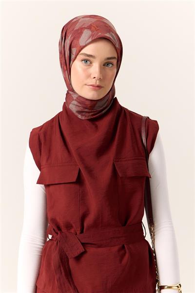 İnce Pamuk Soft Eşarp Taba-Bordo Desenli Kaymaz Dokulu Tok Duruşlu 90x90