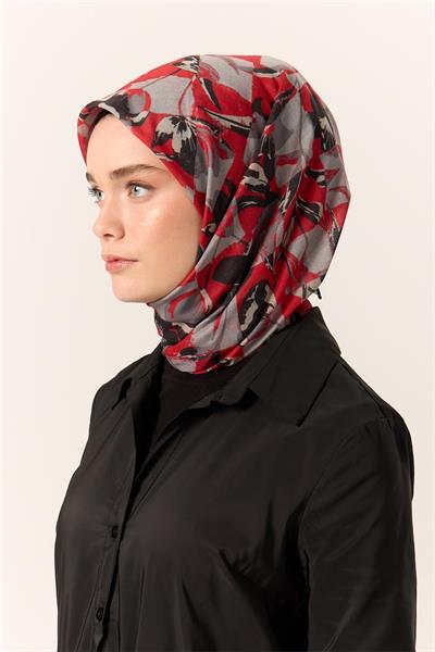 İnce Pamuk Soft Eşarp Kırmızı-Gri Desenli Kaymaz Dokulu Tok Duruşlu 90x90