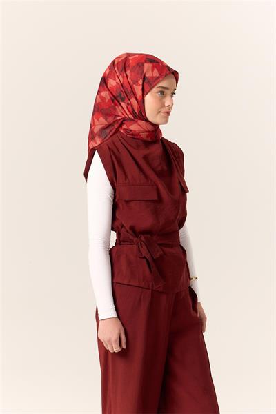 İnce Pamuk Soft Eşarp Bordo-Kırmızı Desenli Kaymaz Dokulu Tok Duruşlu 90x90