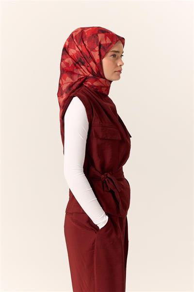 İnce Pamuk Soft Eşarp Bordo-Kırmızı Desenli Kaymaz Dokulu Tok Duruşlu 90x90