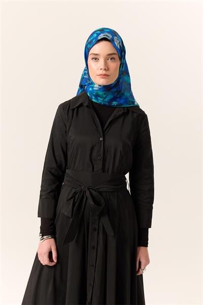 İnce Pamuk Eşarp Patina Yeşili Gece Mavisi Desenli Kaymaz Tok Duruşlu 90x90