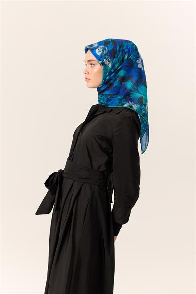 İnce Pamuk Eşarp Patina Yeşili Gece Mavisi Desenli Kaymaz Tok Duruşlu 90x90