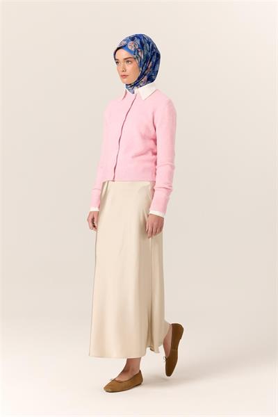 İnce Pamuk Soft Eşarp Saks-Pudra Desenli Kaymaz Dokulu Tok Duruşlu 90x90