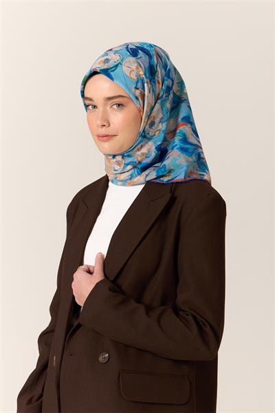 İnce Pamuk Soft Eşarp Petrol Mavisi-Turkuaz Desenli Kaymaz Dokulu Tok Duruşlu 90x90