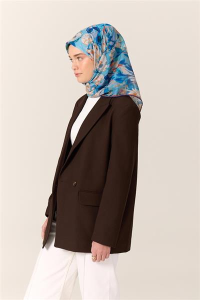 İnce Pamuk Soft Eşarp Petrol Mavisi-Turkuaz Desenli Kaymaz Dokulu Tok Duruşlu 90x90