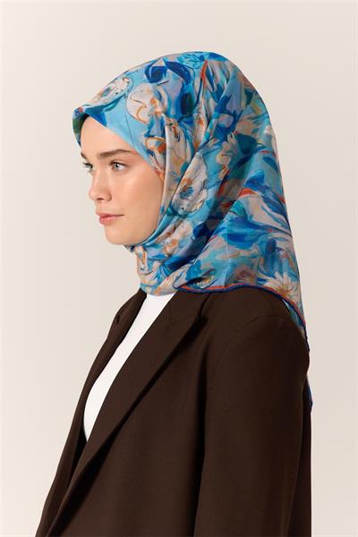 İnce Pamuk Soft Eşarp Petrol Mavisi-Turkuaz Desenli Kaymaz Dokulu Tok Duruşlu 90x90