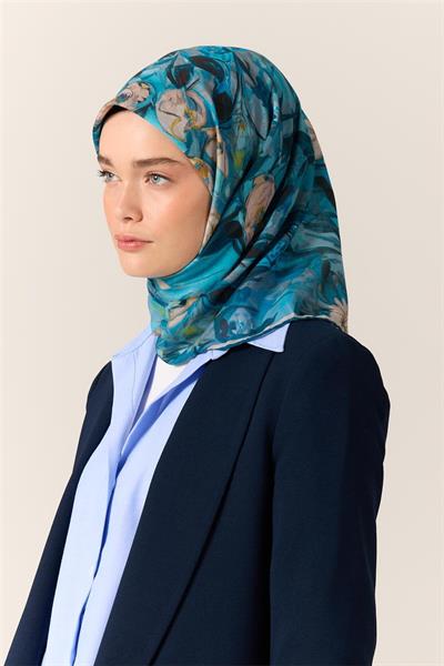 İnce Pamuk Soft Eşarp Gök Mavi-Bebe Mavi Desenli Kaymaz Dokulu Tok Duruşlu 90x90