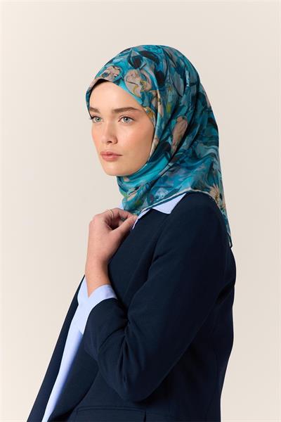 İnce Pamuk Soft Eşarp Gök Mavi-Bebe Mavi Desenli Kaymaz Dokulu Tok Duruşlu 90x90