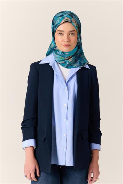 İnce Pamuk Soft Eşarp Gök Mavi-Bebe Mavi Desenli Kaymaz Dokulu Tok Duruşlu 90x90