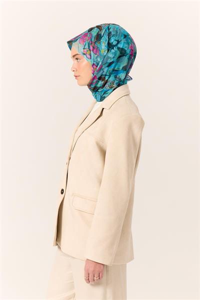 İnce Pamuk Soft Eşarp Mavi-Bebe Mavi Desenli Kaymaz Dokulu Tok Duruşlu 90x90