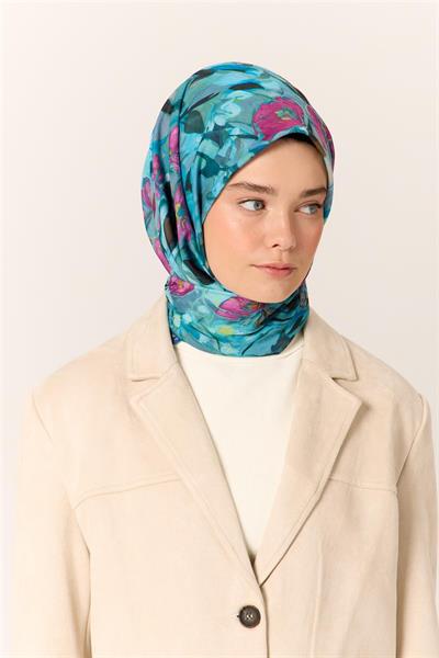 İnce Pamuk Soft Eşarp Mavi-Bebe Mavi Desenli Kaymaz Dokulu Tok Duruşlu 90x90