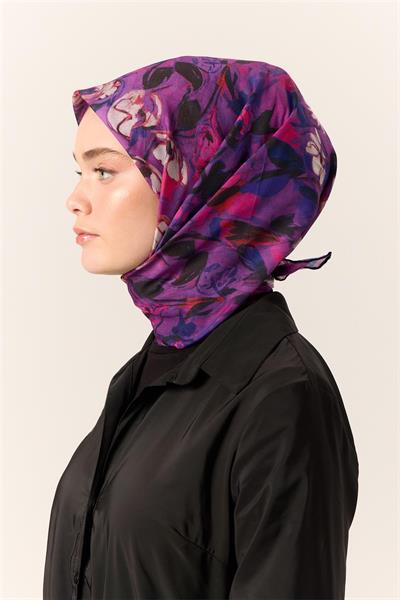 İnce Pamuk Soft Eşarp Mor-Fuşya Desenli Kaymaz Dokulu Tok Duruşlu 90x90