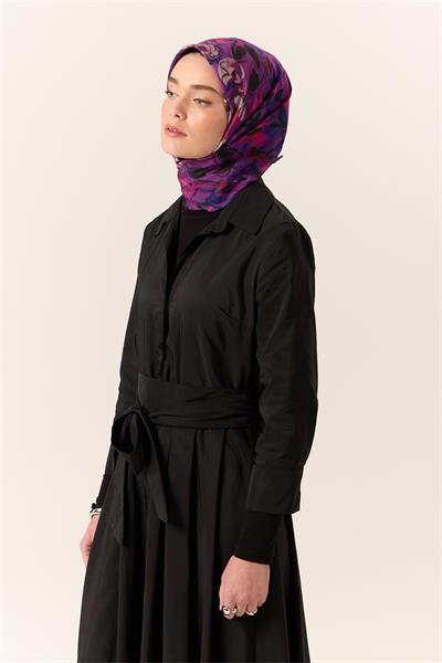 İnce Pamuk Soft Eşarp Mor-Fuşya Desenli Kaymaz Dokulu Tok Duruşlu 90x90