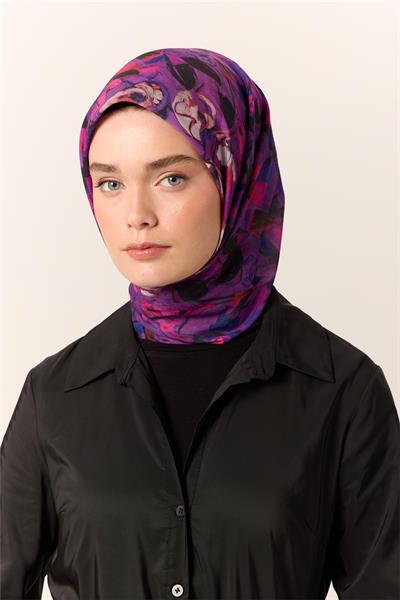 İnce Pamuk Soft Eşarp Mor-Fuşya Desenli Kaymaz Dokulu Tok Duruşlu 90x90