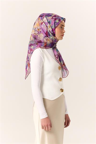 İnce Pamuk Soft Eşarp Lila-Parlak Turuncu Desenli Kaymaz Dokulu Tok Duruşlu 90x90