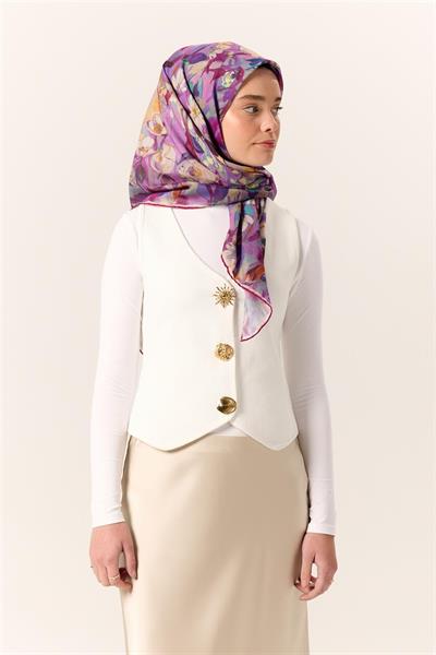 İnce Pamuk Soft Eşarp Lila-Parlak Turuncu Desenli Kaymaz Dokulu Tok Duruşlu 90x90