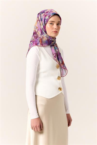 İnce Pamuk Soft Eşarp Lila-Parlak Turuncu Desenli Kaymaz Dokulu Tok Duruşlu 90x90