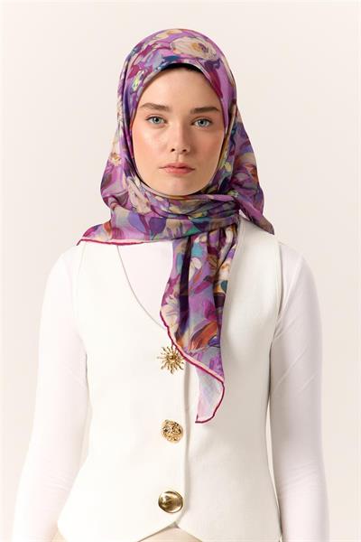 İnce Pamuk Soft Eşarp Lila-Parlak Turuncu Desenli Kaymaz Dokulu Tok Duruşlu 90x90