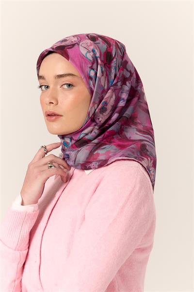 İnce Pamuk Soft Eşarp Pembe-Turkuaz Desenli Kaymaz Dokulu Tok Duruşlu 90x90