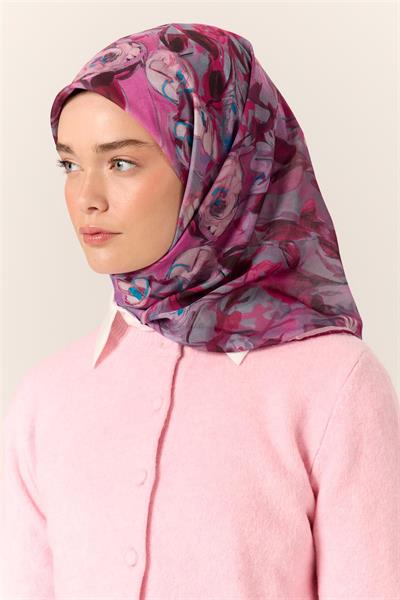İnce Pamuk Soft Eşarp Pembe-Turkuaz Desenli Kaymaz Dokulu Tok Duruşlu 90x90