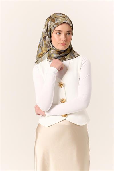 İnce Pamuk Soft Eşarp Gri-Yağ Yeşili Desenli Kaymaz Dokulu Tok Duruşlu 90x90