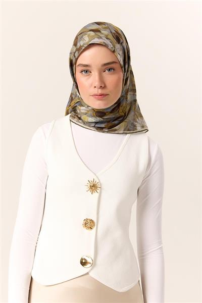 İnce Pamuk Soft Eşarp Gri-Yağ Yeşili Desenli Kaymaz Dokulu Tok Duruşlu 90x90