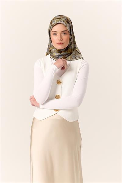 İnce Pamuk Soft Eşarp Gri-Yağ Yeşili Desenli Kaymaz Dokulu Tok Duruşlu 90x90