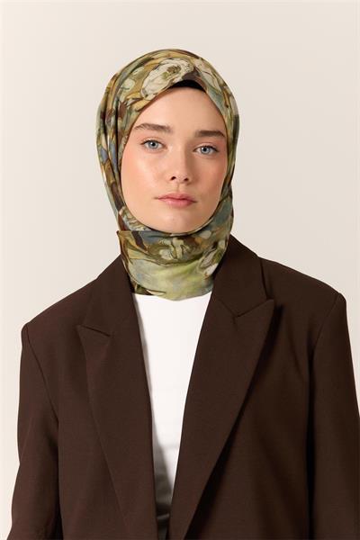 İnce Pamuk Soft Eşarp Haki-Fıstık Yeşili Desenli Kaymaz Dokulu Tok Duruşlu 90x90