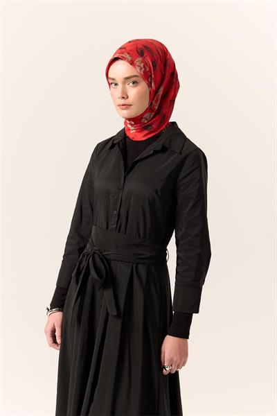 İnce Pamuk Soft Eşarp Kırmızı-Siyah Desenli Kaymaz Dokulu Tok Duruşlu 90x90