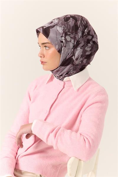 İnce Pamuk Soft Eşarp Pastel Mor-Siyah Desenli Kolay Şekil Alan 90x90
