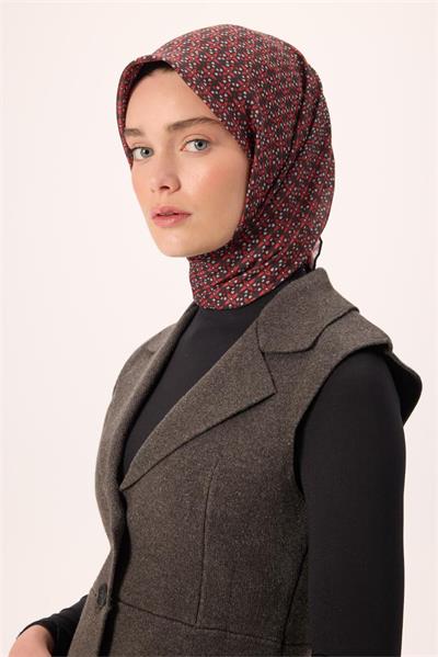 İnce Pamuk Soft Eşarp Siyah-Kırmızı Gri Desenli Kaymaz Dokulu Nefes Alan 90x90