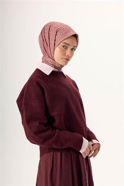 İnce Pamuk Soft Eşarp Şeftali-Antrasit Taş Desenli Kaymaz Dokulu Nefes Alan 90x90