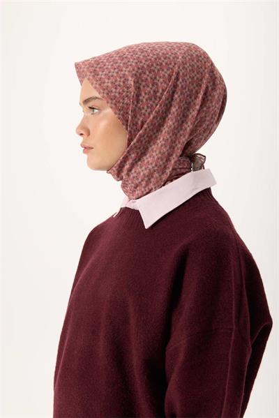 İnce Pamuk Soft Eşarp Şeftali-Antrasit Taş Desenli Kaymaz Dokulu Nefes Alan 90x90