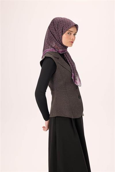 İnce Pamuk Soft Eşarp Siyah-Erguvan Gri Desenli Kaymaz Dokulu Nefes Alan 90x90
