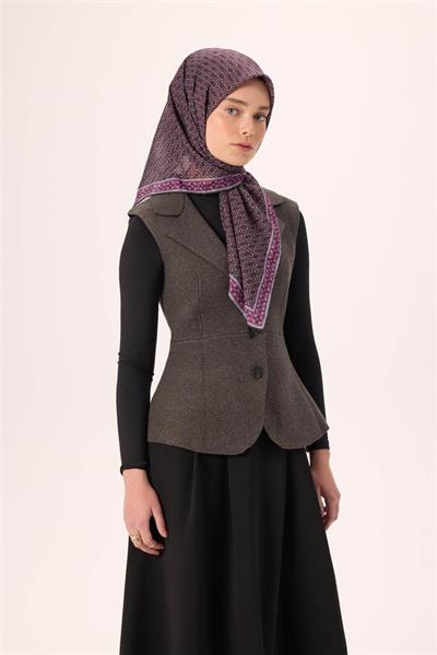 İnce Pamuk Soft Eşarp Siyah-Erguvan Gri Desenli Kaymaz Dokulu Nefes Alan 90x90
