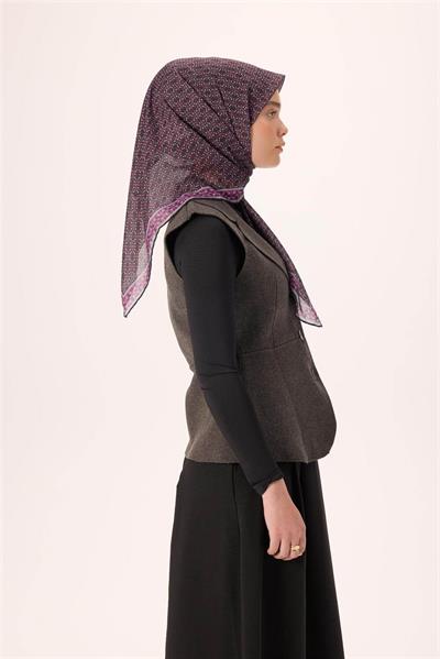 İnce Pamuk Soft Eşarp Siyah-Erguvan Gri Desenli Kaymaz Dokulu Nefes Alan 90x90