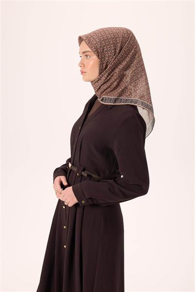 İnce Pamuk Soft Eşarp Kahverengi-Petrol Yeşili Vizon Desenli Kaymaz Dokulu Nefes Alan 90x90