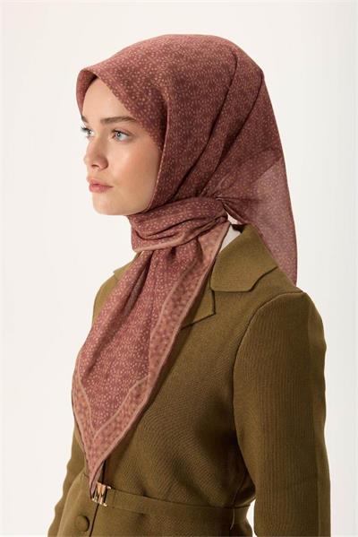 İnce Pamuk Soft Eşarp Soğan Kabuğu-Kiremit Bordo Desenli Kaymaz Dokulu Nefes Alan 90x90