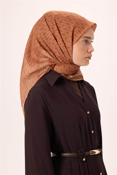 İnce Pamuk Soft Eşarp Taba-Gümüş Pastel Turuncu Desenli Kaymaz Dokulu Nefes Alan 90x90