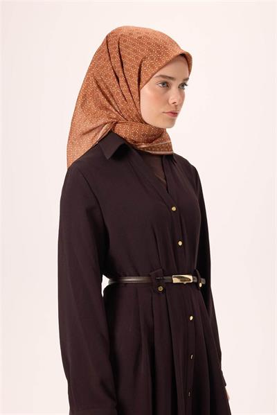 İnce Pamuk Soft Eşarp Taba-Gümüş Pastel Turuncu Desenli Kaymaz Dokulu Nefes Alan 90x90