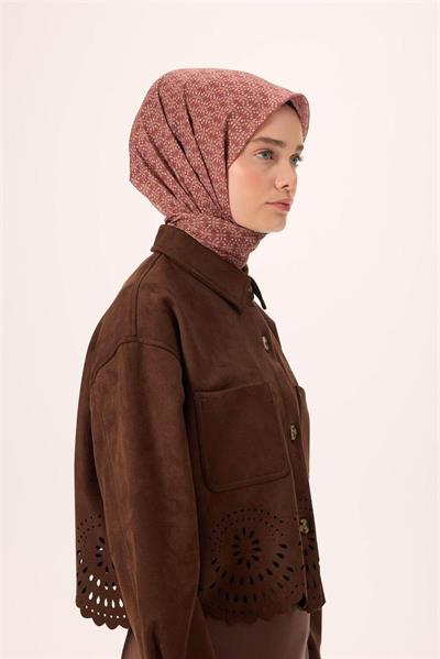 İnce Pamuk Soft Eşarp Kızıl Kahve-Gümüş Saman Desenli Kaymaz Dokulu Nefes Alan 90x90