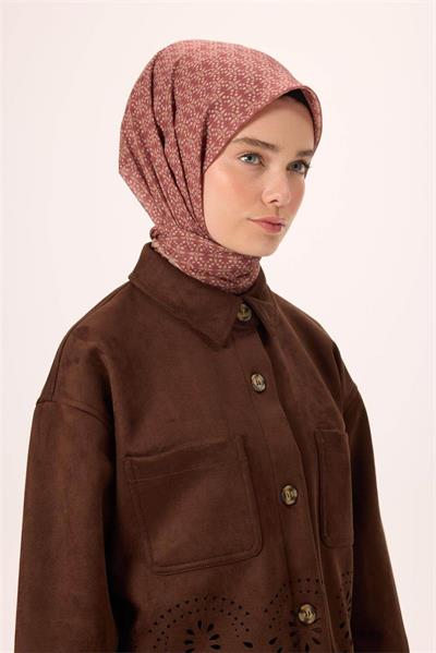 İnce Pamuk Soft Eşarp Kızıl Kahve-Gümüş Saman Desenli Kaymaz Dokulu Nefes Alan 90x90