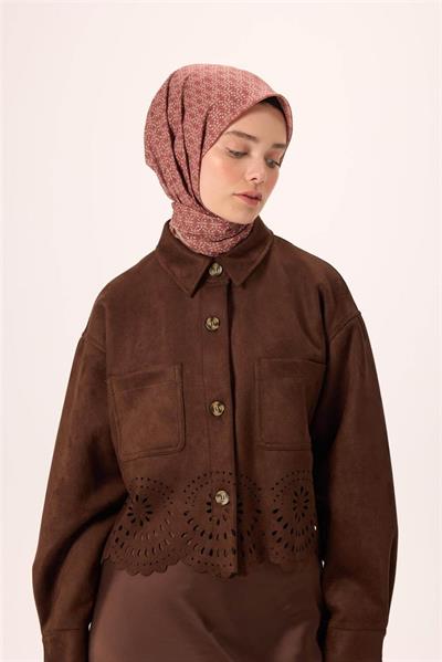 İnce Pamuk Soft Eşarp Kızıl Kahve-Gümüş Saman Desenli Kaymaz Dokulu Nefes Alan 90x90