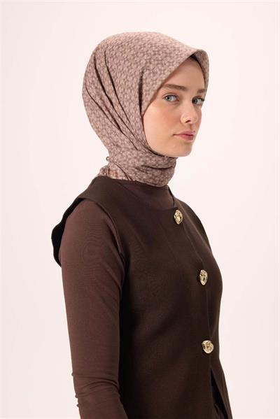 İnce Pamuk Soft Eşarp Acı Kahve-Vizon Sütlü Kahve Desenli Kaymaz Dokulu Nefes Alan 90x90