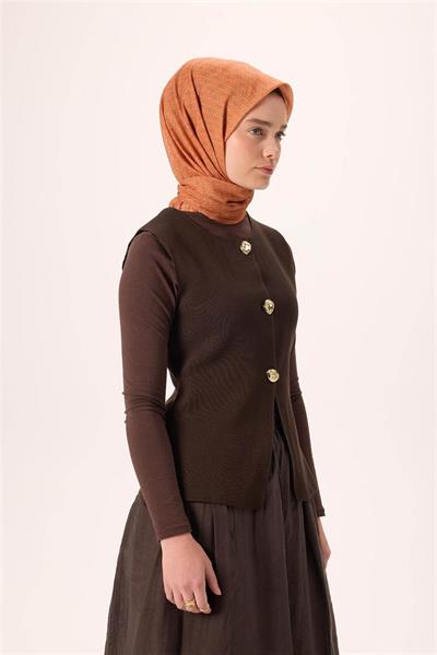 İnce Pamuk Soft Eşarp Koyu Turuncu-Gri Turuncu Desenli Kaymaz Dokulu Nefes Alan 90x90