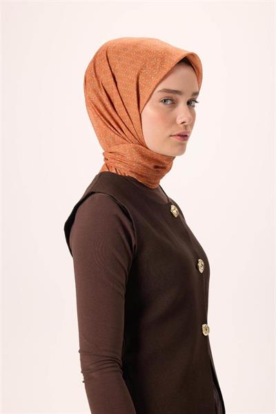 İnce Pamuk Soft Eşarp Koyu Turuncu-Gri Turuncu Desenli Kaymaz Dokulu Nefes Alan 90x90